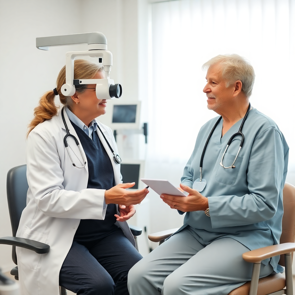 healthcare professional conducting comprehensive health assessment with elderly patient, medical screening equipment, bright clinical setting