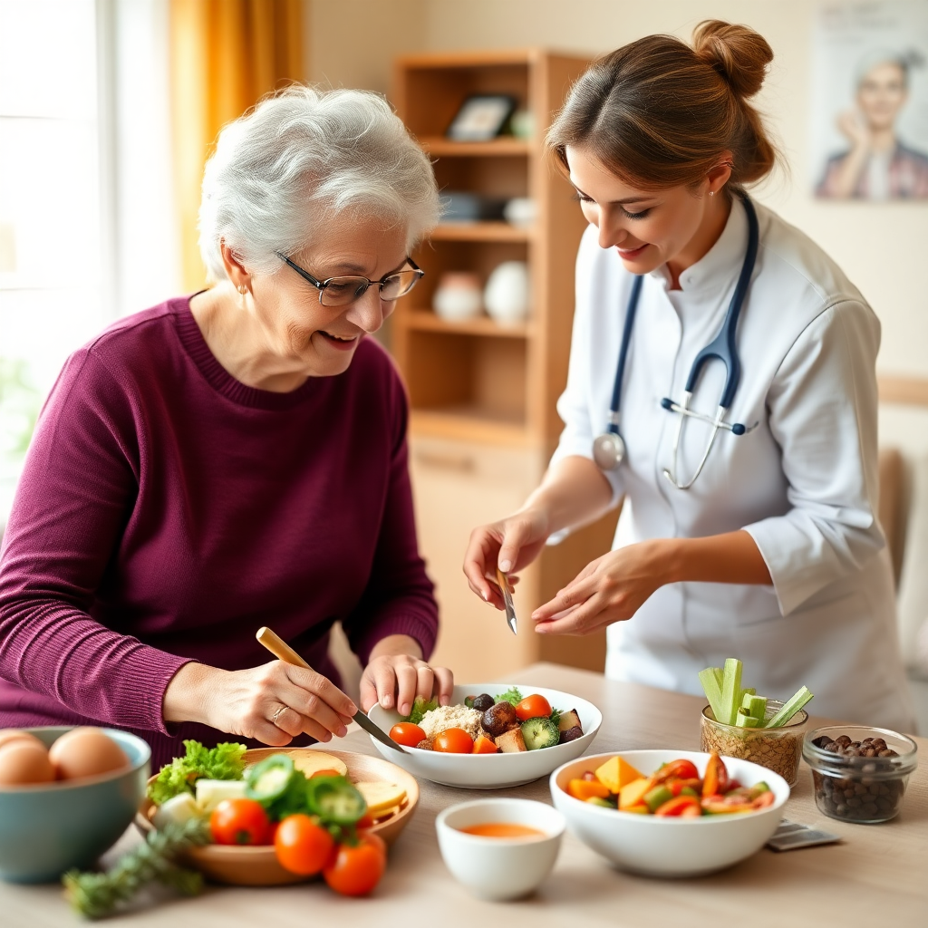 nutritionist creating personalized meal plan for elderly patient, healthy foods and dietary consultation, warm healthcare environment