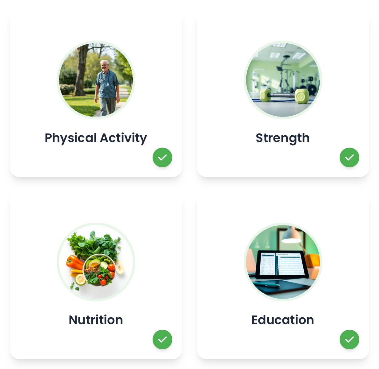 Cards showing Activity, Strength, Nutrition, Education