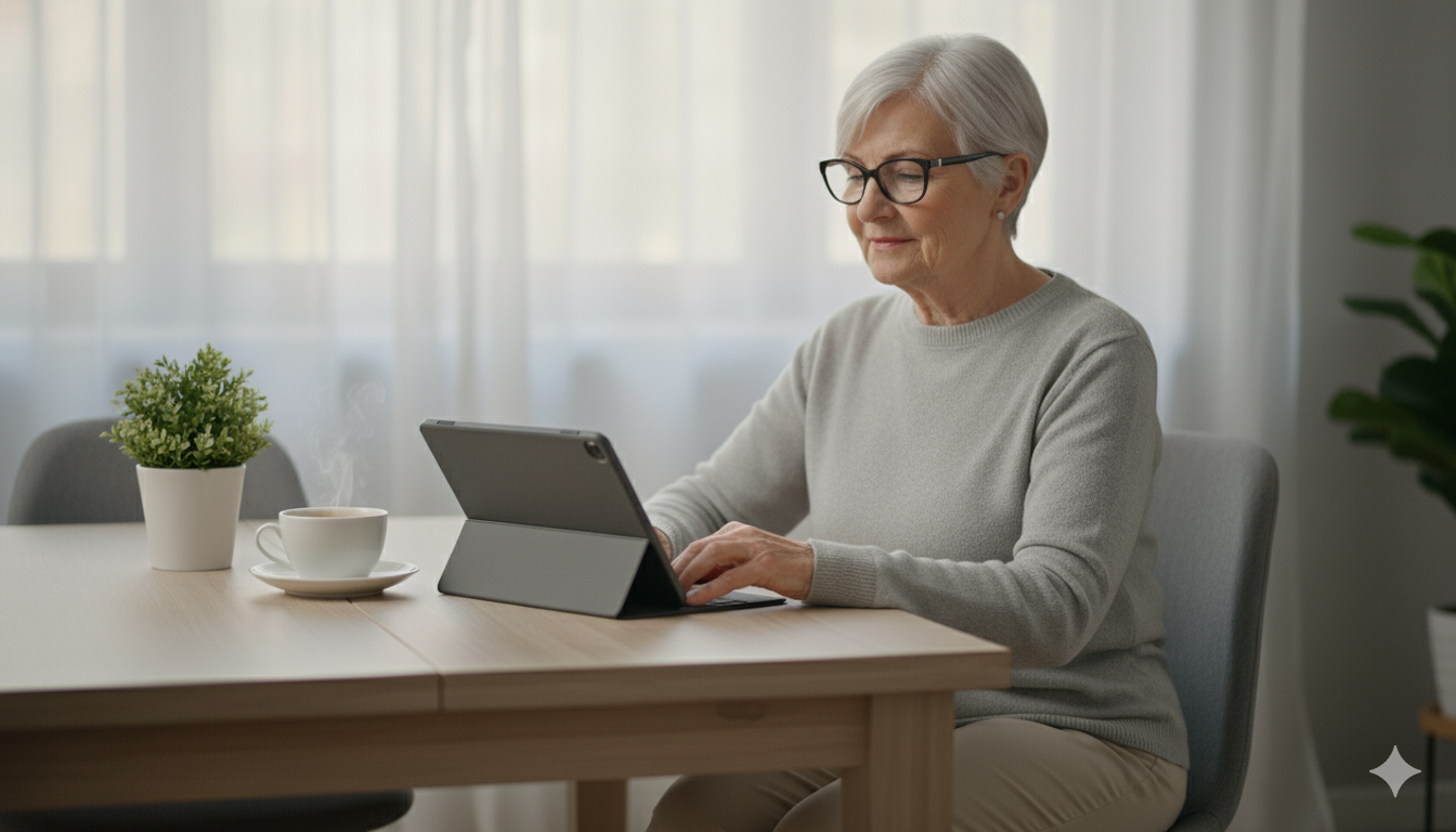 Senior completing form on tablet