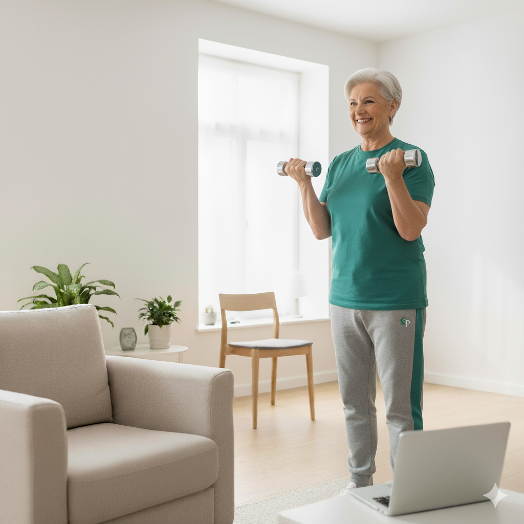 image of person doing gentle physiotherapy exercises from a laptop in a home setting 