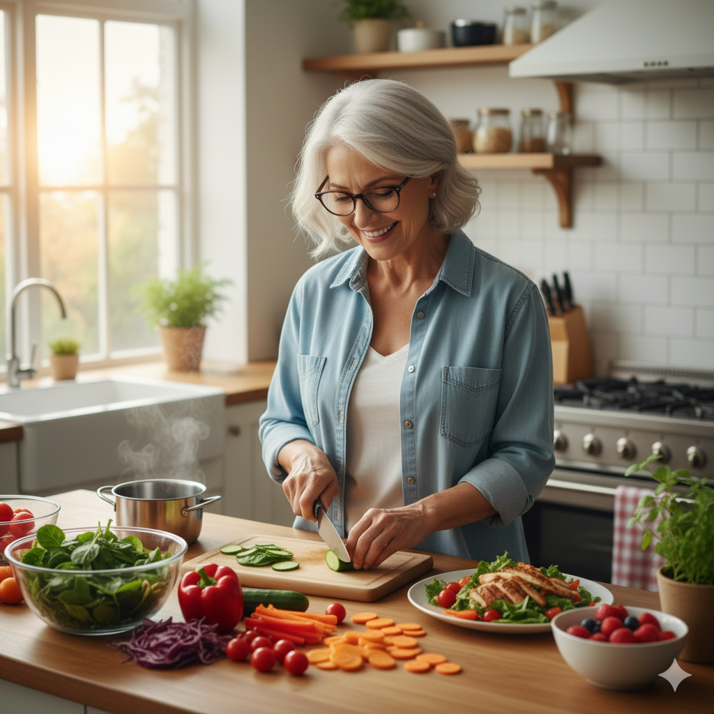 Senior preparing a colorful balanced meal at home
