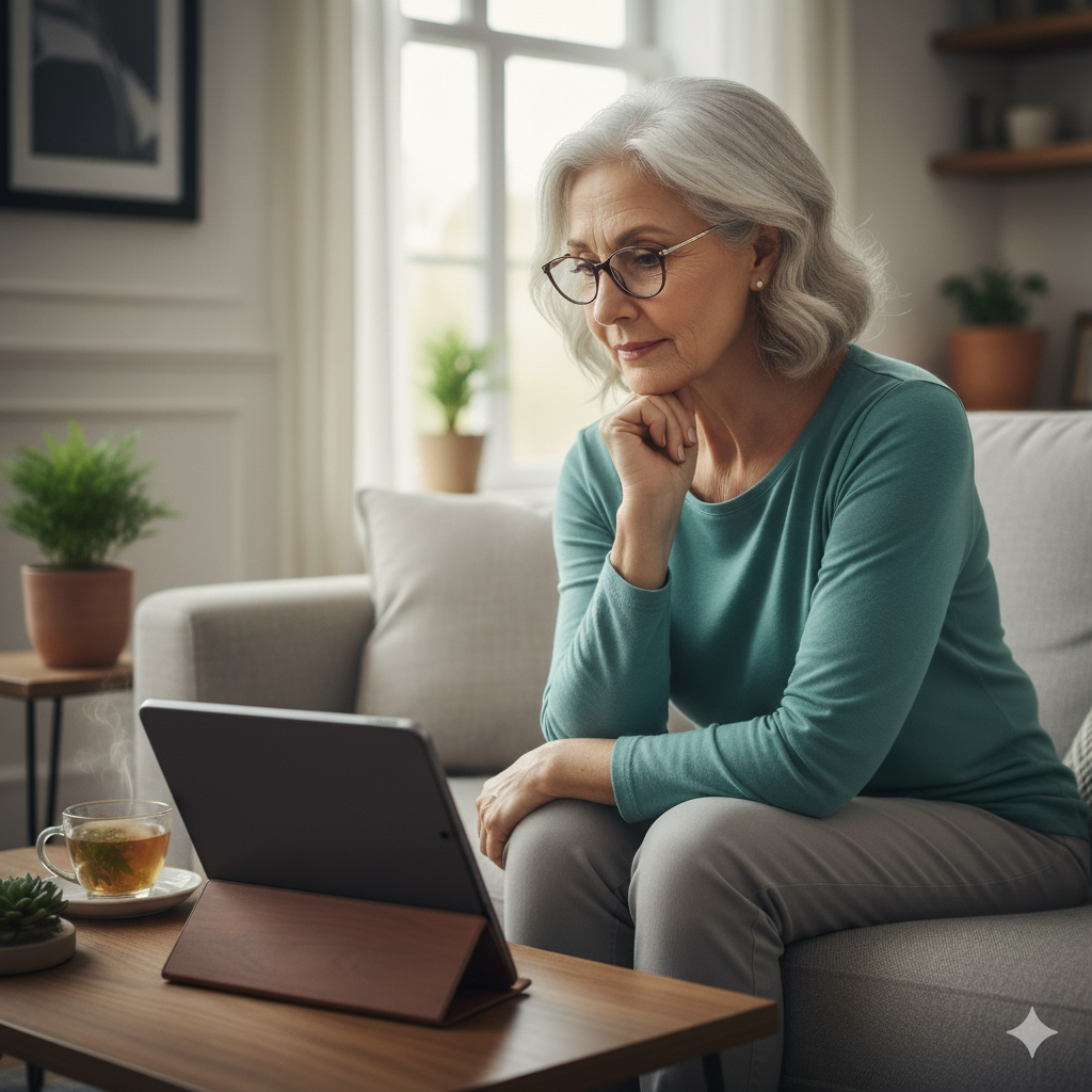 Senior viewing education on tablet